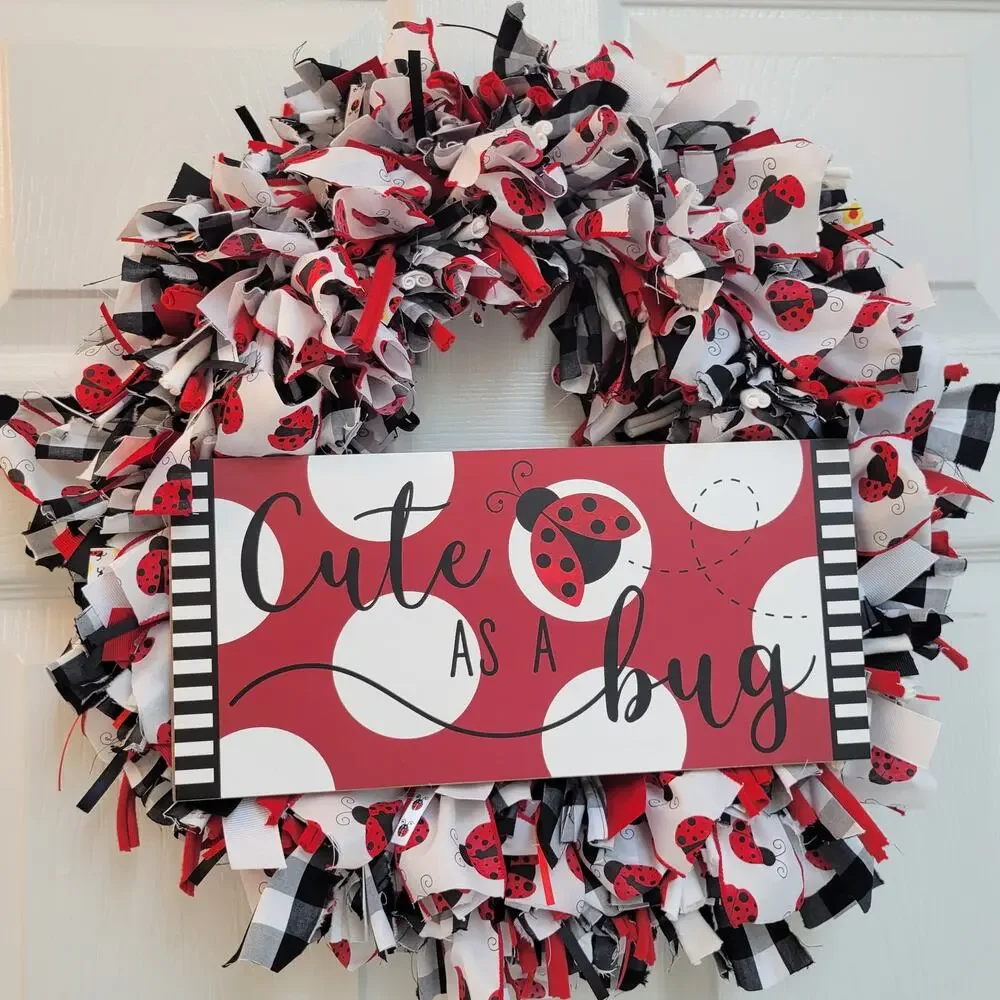 Cute as a Bug Handcrafted Rag Wreath Black White Red Ladybugs, 16